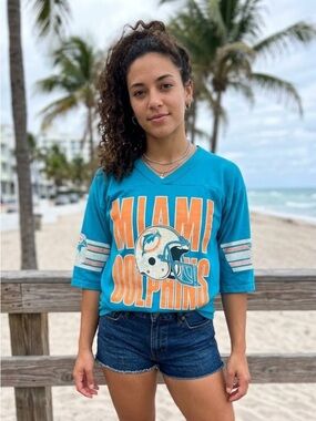 Miami Dolphins Teal Graphic V-Neck Football Tee